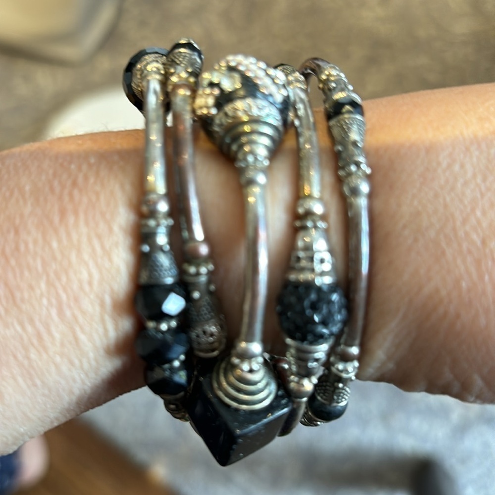 Silver and black stacked snake bracelet with jewels beads